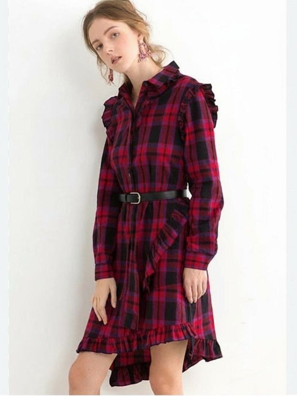 Maje Randra Plaid Dress 100% Cotton Flannel Asymmetrical Hem Size 1 or US S